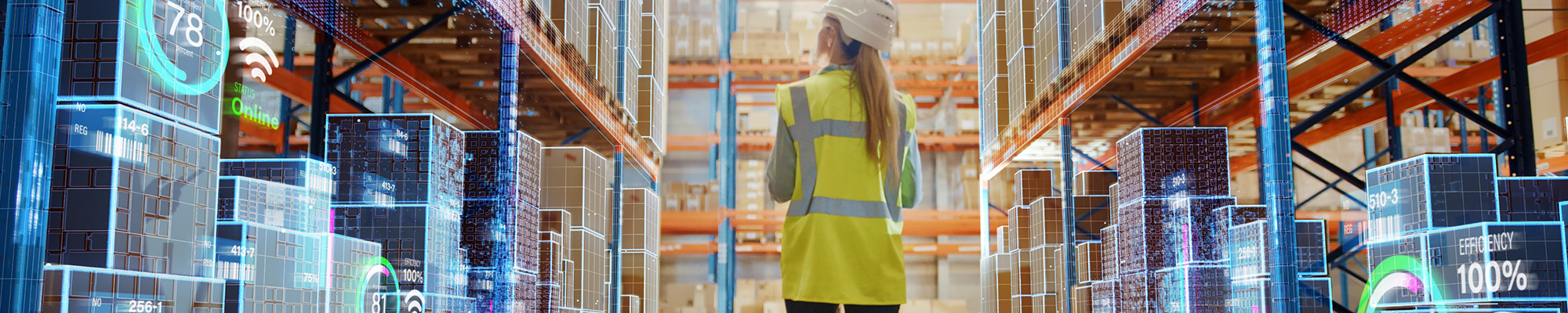 worker standing in warehouse while AI surveys efficiency ratings