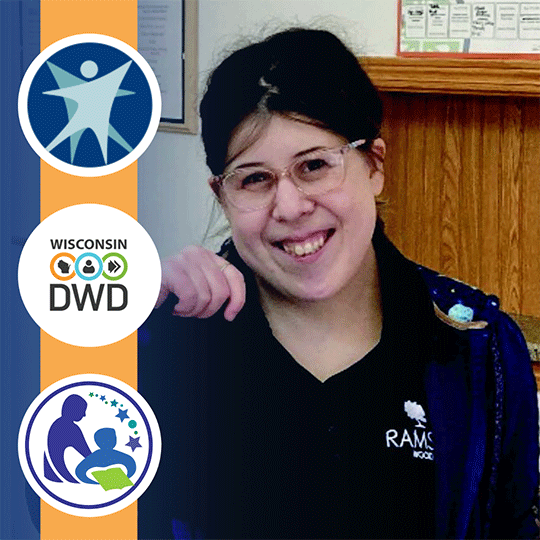 Photo of Angela at her work, wearing her work uniform