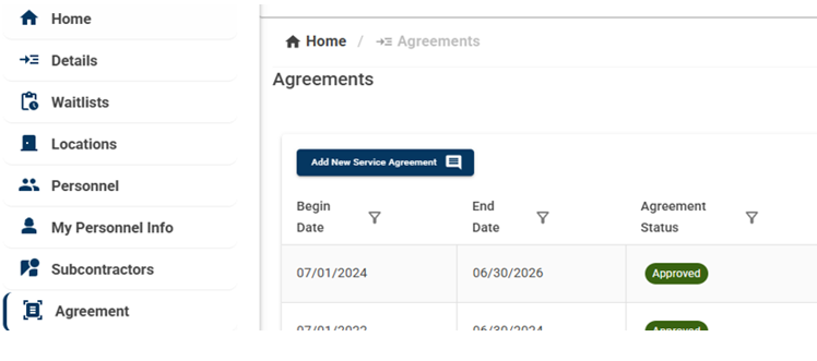 DVR Service Provider Portal showing the Agreement Page.