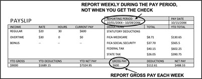 Payslip showing reporting period and gross pay