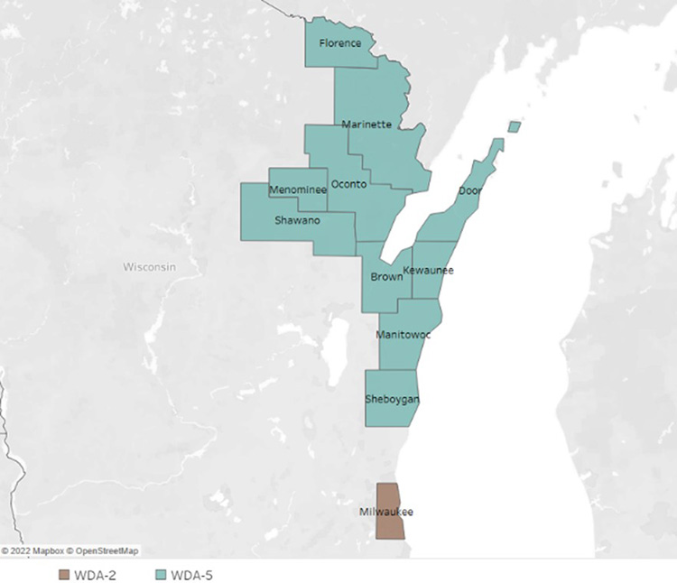 Eastern wisconsin counties that are eligible for WCP